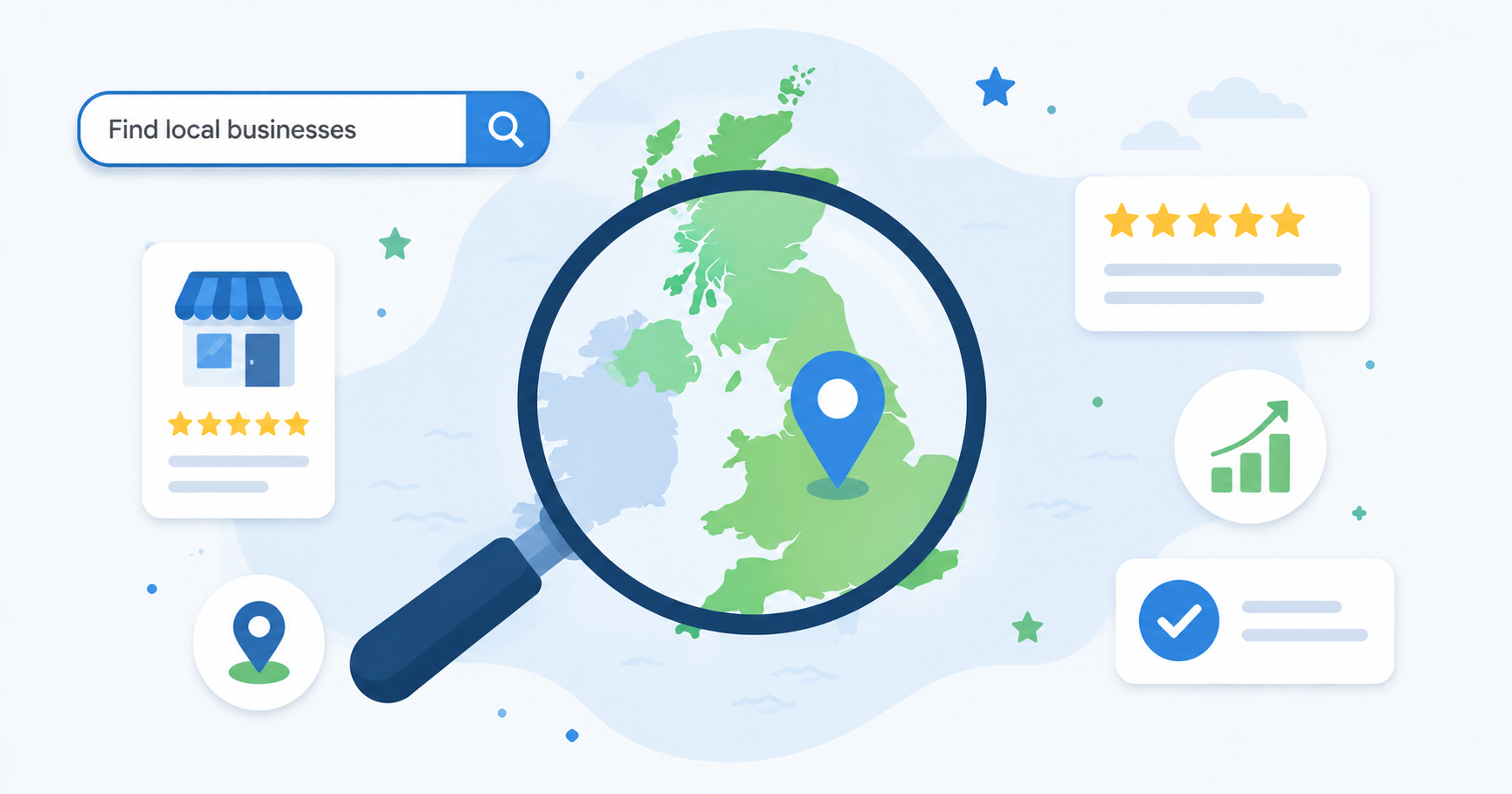 Local SEO fundamentals for UK small businesses shown on a map