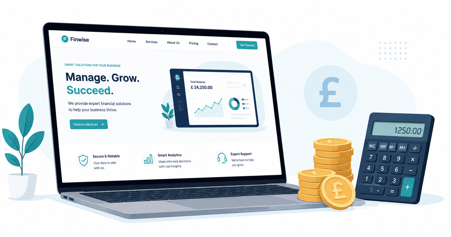Website cost breakdown for UK small business showing laptop and budget calculation