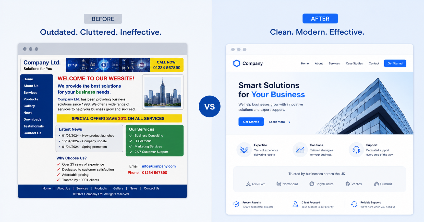 Website refresh comparison showing outdated versus modern UK business site design